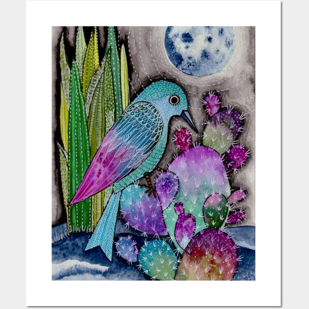 Watercolor original Bird on Cactus with Moon Wall Art by Rivkah Shifren Studio